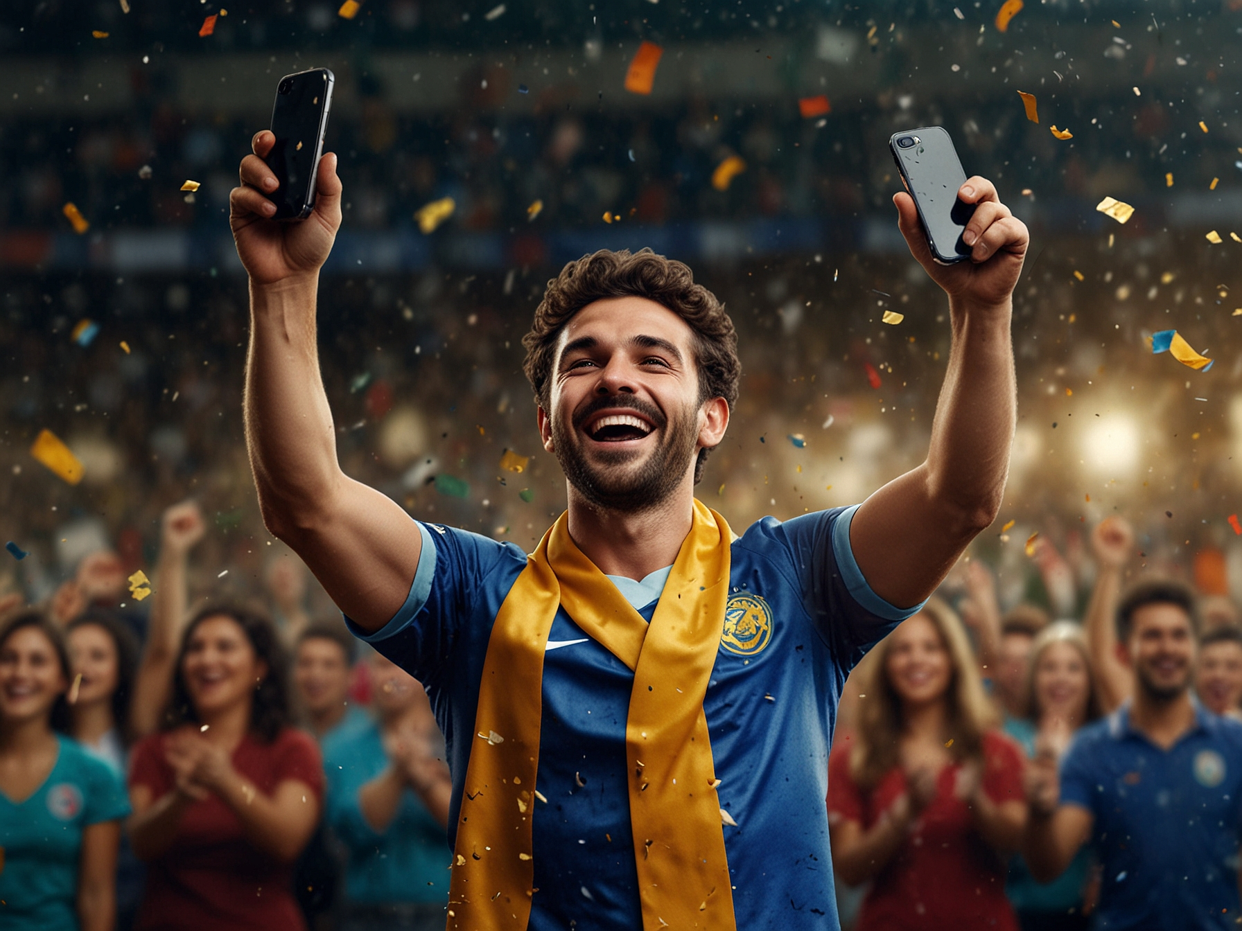 Celebrating fan showing a winning bet on phone
